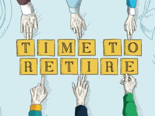 Illustration of hands holding letters spelling the words Time to Retire