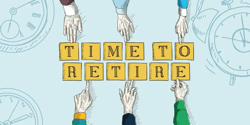 Illustration of hands holding letters spelling the words Time to Retire