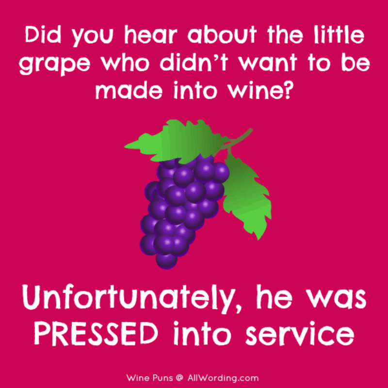 Did you hear about the little grape who didn't want to be made into wine? Unfortunately, he was pressed into service!