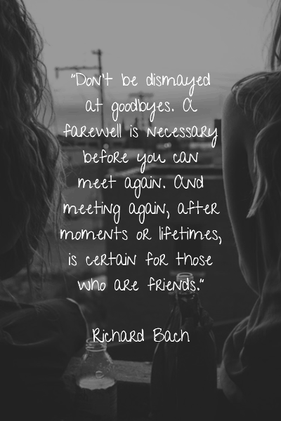 Don't be dismayed at goodbyes. A farewell is necessary before you can meet again. And meeting again, after moments or lifetimes, is certain for those who are friends. - Richard Bach